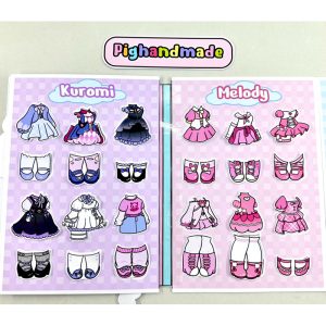 Kuromi, Melody, Cinnamoroll Gacha paper doll peel-and-stick toy - New Blue model with many outfits